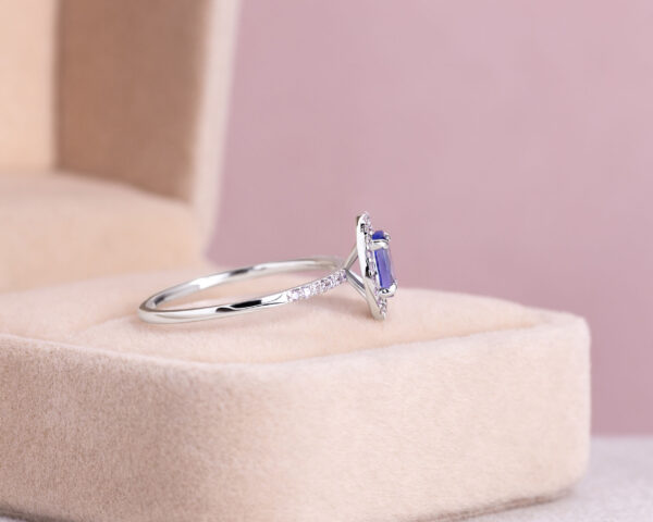 Blue Tanzanite & Natural Faint-Light Pink Diamond 0.85 Ct 14k White Gold Halo Ring - Image 3