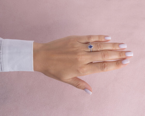 Blue Tanzanite & Natural Faint-Light Pink Diamond 0.85 Ct 14k White Gold Halo Ring - Image 7