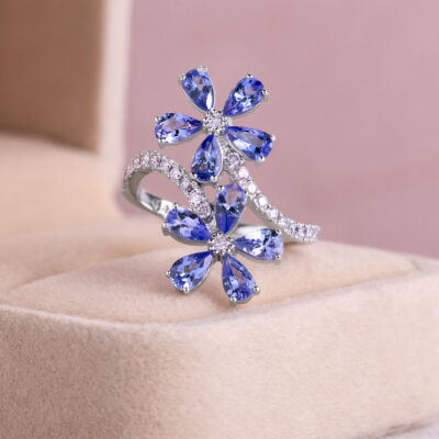 3.32 Ct Blue Tanzanite & Faint-Light Pink Diamond SI2-I1 14k White Gold Ring