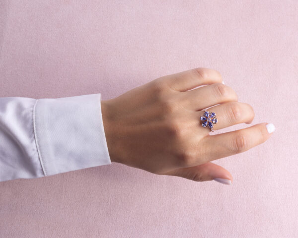 1.70 Ct Blue Tanzanite & Natural Faint-Light Pink Diamond SI2-I1 14k Rose Gold Ring - Image 6