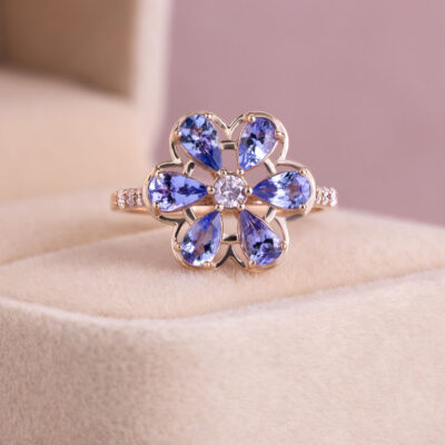 1.70 Ct Blue Tanzanite & Natural Faint-Light Pink Diamond SI2-I1 14k Rose Gold Ring
