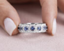 2.6 Ct Blue Sapphire & F/VS1-VS2 Lab Diamond 14k White Gold Half Eternity Band Ring