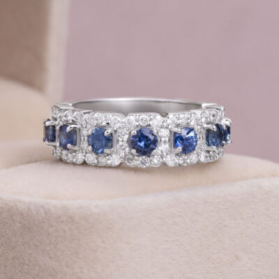 2.6 Ct Blue Sapphire & F/VS1-VS2 Lab Diamond 14k White Gold Half Eternity Band Ring