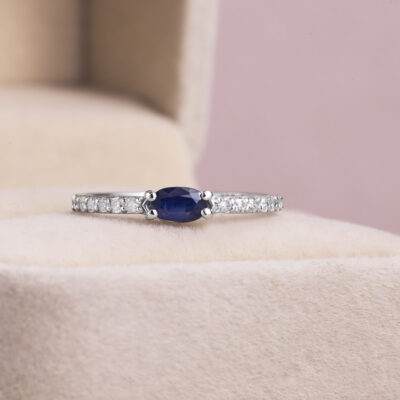 Blue Sapphire Oval Mixed & Natural Diamond Round 0.45 Ct 14k White Gold Ring