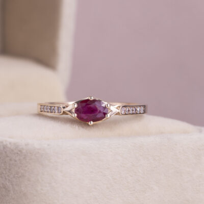 Red Ruby Oval Mixed Transparent & Natural Diamond 0.55 Ct 14k Rose Gold Ring