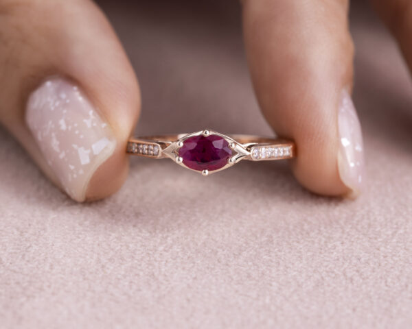 Red Ruby Oval Mixed Transparent & Natural Diamond 0.55 Ct 14k Rose Gold Ring - Image 5