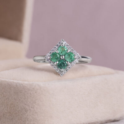 Green Emerald Transparent & Natural Diamond 0.75 Ct 14k White Gold Ring