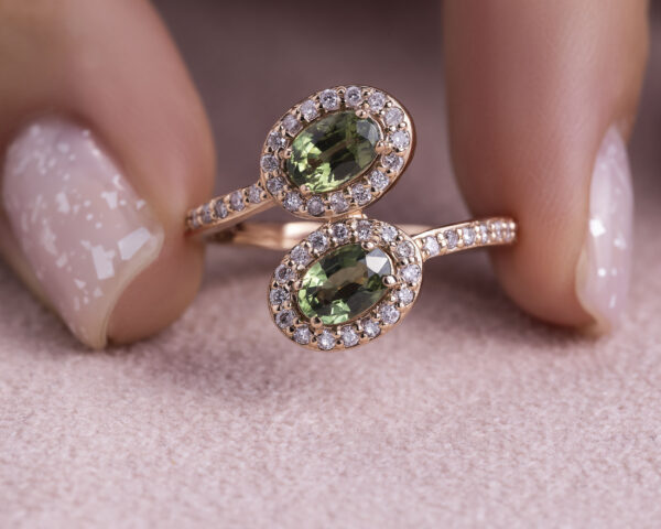 2 Ct Green Sapphire & Natural Faint-Light Pink Diamond 14k Rose Gold Spiral Ring - Image 5