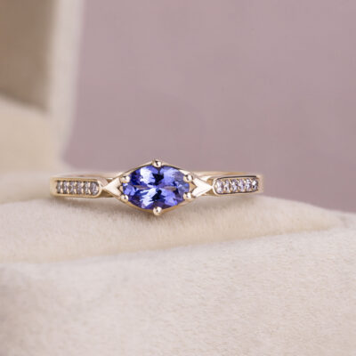 0.62 Ct Violetish Blue Tanzanite & Faint-Light Pink Diamond SI2-I1 14k Rose Gold Ring