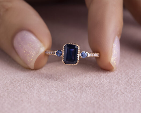 1.32 Ct Sapphire & Diamond Half Eternity Ring 14k Rose Gold Rectangle Step Cut - Image 5