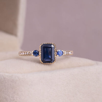 1.32 Ct Sapphire & Diamond Half Eternity Ring 14k Rose Gold Rectangle Step Cut