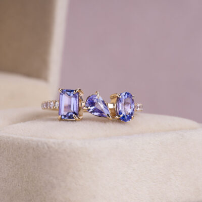 1.85 Ct Bluish Purple Tanzanite Mix Shapes & Faint-Light Pink Diamond SI2-I1 14k Rose Gold Ring