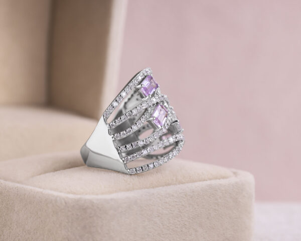 3.25 Ct Pink Sapphire & Diamond Ring in 14k White Gold Emerald Cut Transparent - Image 2