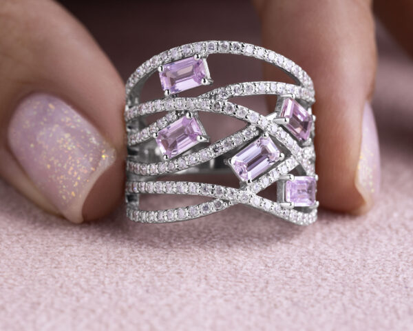 3.25 Ct Pink Sapphire & Diamond Ring in 14k White Gold Emerald Cut Transparent - Image 7