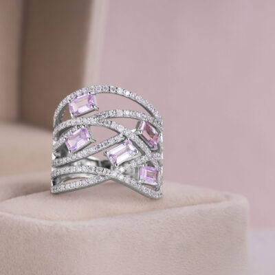 3.25 Ct Pink Sapphire & Diamond Ring in 14k White Gold Emerald Cut Transparent