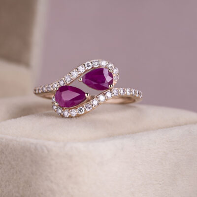 2 Ct Natural Red Ruby & Diamond Ring in Solid 14k Rose Gold Pear Cut Transparent