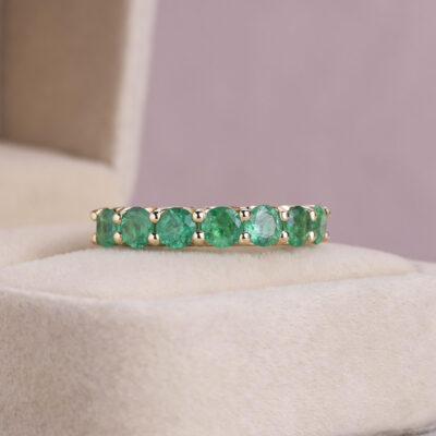 2 Carat Green Emerald Half Eternity Ring in 14k Yellow Gold Round Brilliant Cut
