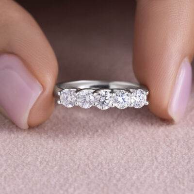 1.0 Carat Round Cut F/VS1-VS2 Lab Diamond 14k White Gold 5 Stone Ring