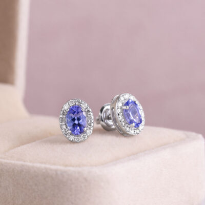 1.30 Ct Blue Oval Tanzanite & E-F/VVS2-VS1 Lab Diamond 14k White Gold Stud Earrings