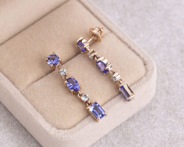 3.3 Ct Dangle Drop Earrings Blue Tanzanite & Lab Diamond Round Brilliant E-F-VVS2-VS1 14k Rose Gold - Image 3