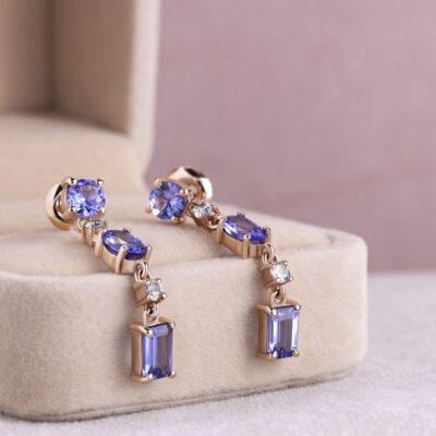 3.3 Ct Dangle Drop Earrings Blue Tanzanite & Lab Diamond Round Brilliant E-F-VVS2-VS1 14k Rose Gold
