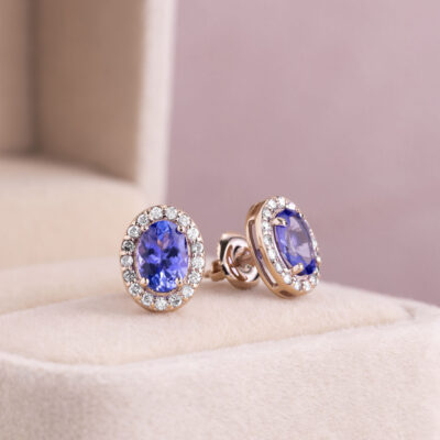 Stud Earrings 1.80 Carat Blue Oval Tanzanite & Lab Diamonds E-F/VVS2-VS1 14k Rose Gold