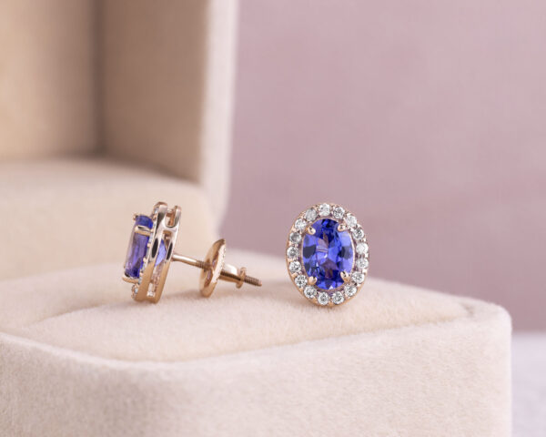Stud Earrings 1.80 Carat Blue Oval Tanzanite & Lab Diamonds E-F/VVS2-VS1 14k Rose Gold - Image 4