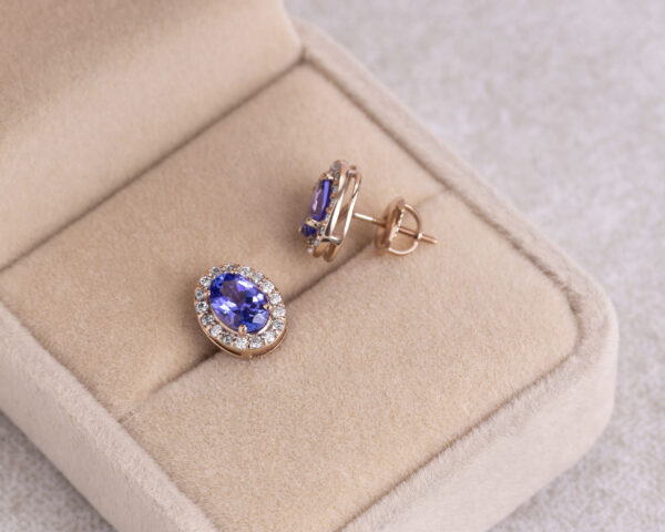 Stud Earrings 1.80 Carat Blue Oval Tanzanite & Lab Diamonds E-F/VVS2-VS1 14k Rose Gold - Image 3
