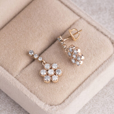 1 Carat Dangle Earrings Lab Diamond Round Brilliant E-F/VVS2-VS1 in 14k Rose Gold Flower Shape