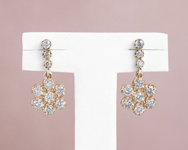 1 Carat Dangle Earrings Lab Diamond Round Brilliant E-F/VVS2-VS1 in 14k Rose Gold Flower Shape - Image 3