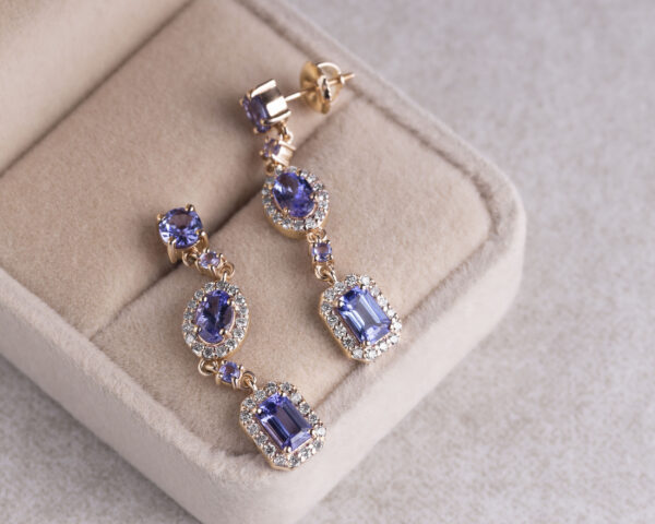 3.55 Ct Bluish Purple Mix Tanzanite & E-F/VVS2-VS1 Lab Diamonds 14k Rose Gold Earrings - Image 3