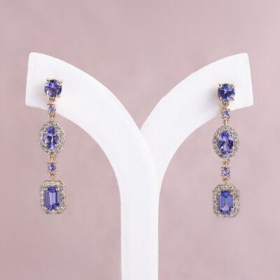 3.55 Ct Bluish Purple Mix Tanzanite & E-F/VVS2-VS1 Lab Diamonds 14k Rose Gold Earrings