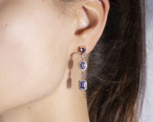3.55 Ct Bluish Purple Mix Tanzanite & E-F/VVS2-VS1 Lab Diamonds 14k Rose Gold Earrings - Image 4