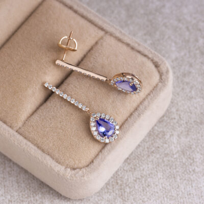 1.96 Ct Bluish Purple Pear Tanzanite Natural F-G/VS-SI Diamonds in 14k Rose Gold