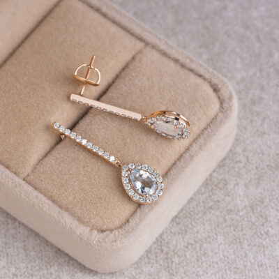1.96 Ct Light Blue Aquamarine with Natural F-G/VS-SI Diamonds in 14k Rose Gold Earrings