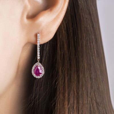 2.36 Ct Red Ruby & Natural Diamond F-G/VS-SI 14k Rose Gold Dangle Drop Earrings