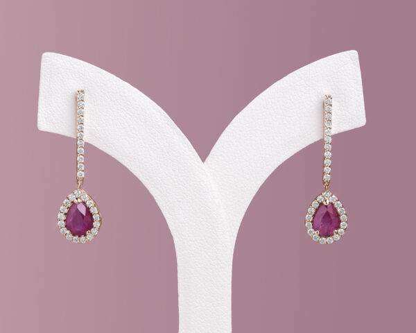 2.36 Ct Red Ruby & Natural Diamond F-G/VS-SI 14k Rose Gold Dangle Drop Earrings - Image 3