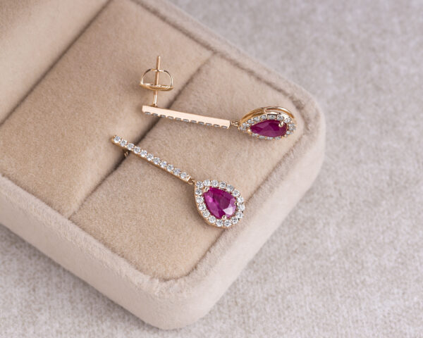 2.36 Ct Red Ruby & Natural Diamond F-G/VS-SI 14k Rose Gold Dangle Drop Earrings - Image 2