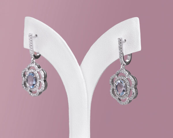 2.30 Ct Blue Oval Aquamarine with Natural F-G/VS-SI Diamonds in 14k White Gold Earrings - Image 3