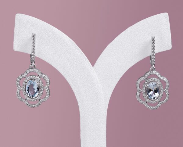 2.30 Ct Blue Oval Aquamarine with Natural F-G/VS-SI Diamonds in 14k White Gold Earrings - Image 2