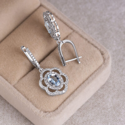 2.30 Ct Blue Oval Aquamarine with Natural F-G/VS-SI Diamonds in 14k White Gold Earrings