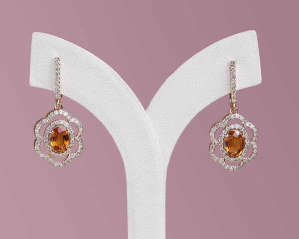 2.60 Ct Orange Oval Sapphire with Natural F-G/VS-SI Diamonds in 14k Rose Gold Earrings - Image 3