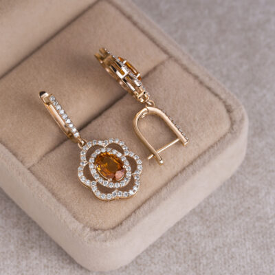 2.60 Ct Orange Oval Sapphire with Natural F-G/VS-SI Diamonds in 14k Rose Gold Earrings