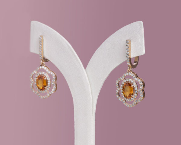 2.60 Ct Orange Oval Sapphire with Natural F-G/VS-SI Diamonds in 14k Rose Gold Earrings - Image 4